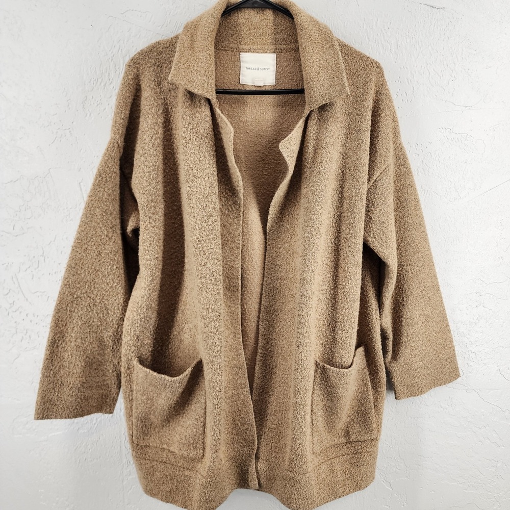 Thread & Supply Camel Boucle Open Front Pocket Cardigan Coatigan Womens Medium
